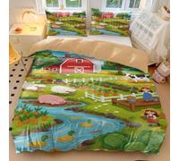 Cartoon Farm Animals Duvet Cover Happy Farmyard Friends Design, Soft Microfiber for Kids Girls Bedroom Decor, Countryside Duvet with Apple Tree Print (style3,Single135x200cm+65x65cm*2)