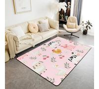 Cartoon Farm Cow Sheep Pig Area Rug 150*200cm Farmhouse Pink Rugs Kids Boys Girls Bedroom Rustic Cherry Floral Decor Carpet with Non-Slip Backing Animal Nature Indoor Floor Mat Soft Polyester