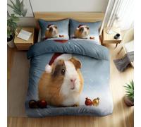 Cartoon Festival Style Print Duvet Cover Sets Double Size, Christmas Guinea Pig Bedding Set for Kids Teens - Soft Breathable Easy Care Christmas Cute Pets Decor Comforter Cover Bed Set 3 Pcs