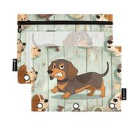 Cartoon Fierce Dachshund Dogs Binder Pouches 3 Ringing with Zipper with Clear Window Pencil case Large and Sturdy Pocket folders for 3 for Storing School Office Supplies Multicolored 2 PCS