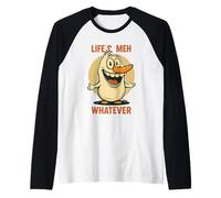 Cartoon figure shrugs off life with a big smile and meh Raglan Baseball Tee