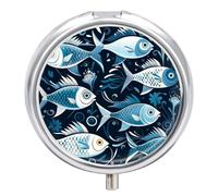 Cartoon Fish Print Pill Box 3-Compartment Travel Pill Organizer Portable Round Medicine Case with Mirror Design for Vitamins, Jewelry & Essentials Durable Pocket Pillbox for Purse, Camping