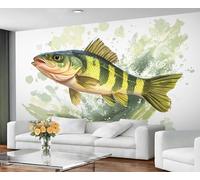 Cartoon Fish Wallpaper for Living Room - Peel and Stick Wallpaper, Fishing Lover Bedroom Wall Paper, Large Wall Mural & Watercolor Green Home Decor, Self Adhesive