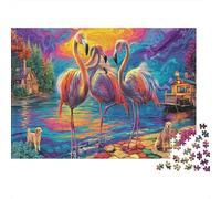 Cartoon Flamingo 1000 Pieces Jigsaw Puzzles for Weekend Hobbyists Sturdy Cardboard tropical Jungle Lake Sunset Home Decoration Wall Display Spring Festival Gift Brain Game Puzzle 38x26cm/1000pcs