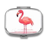 Cartoon Flamingo Pill Box 2 Compartment, Portable Pill Case with Mirror for Pocket Purse Travel, Mini Metal Medicine Organizer for Vitamins Fish Oil