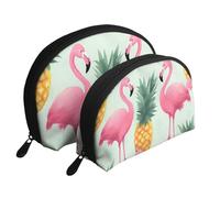 Cartoon Flamingo Pineapples Print Shell-Shaped 2-Piece Makeup Bag Set Travel Cosmetic Organiser Stylish Storage for Beauty & Gifts for Women Girls