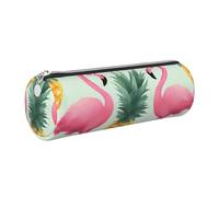 Cartoon Flamingo Pineapples Printed Leather Pencil Case Cute Stationery Organizer Round Makeup Bag Pen Pouch, Silver Zipper