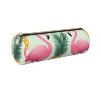 Cartoon Flamingo Pineapples Printed Leather Pencil Case Cute Stationery Organizer Round Makeup Bag Pen Pouch, Gold Zipper