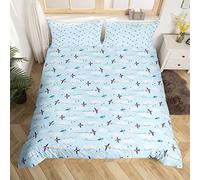 Cartoon Flight Bedding Duvet Cover Set Kids Airplane Bedding Set for Toddler Aircraft Print Comforter Cover Set Microfiber Travel Decor Blue and Red Bedspread Cover Decor Single