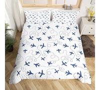 Cartoon Flight Bedding Duvet Cover Set Kids Airplane Bedding Set for Toddler Aircraft Print Comforter Cover Set Microfiber Travel Decor Blue and White Bedspread Cover Decor Single