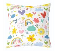 Cartoon Floral Pillow Cover 24"x24" Single Pack,Watercolor Rainbow Cloud Reversible Throw Pillow Cover,Hand Drawn Hearts Flowers Pillow Case for Kids Boys Girls,Lovely Botanical Cushion Cover