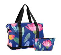Cartoon Flower Royal Blue Overnight Travel Duffel Bag with Wet Pocket Adjustable Strap Gym Bag for Yoga 2 Pcs Set for Men Women