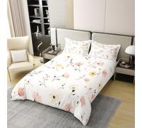 Cartoon Flowers Duvet Cover Set Double Size 100% Cotton,Floral Leaf Plant Botanical Kids Bedding Set,Daisy Groovy Hippy Boho Girls Boys Room Decor,Pink Beige Quilt Cover,2 Pillowcases(No Filler)