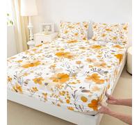 Cartoon Flowers Kids Single Size Fitted Sheet,Floral Leaf Plant Botanical Boys Girls Bed Sheet,Rustic Farmhouse Garden Room Decor,Orange Bedding Set,1 Pillowcase(No Flat)