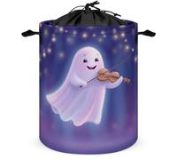 Cartoon Flying Ghost Playing The Violin Laundry Basket Laundry Hamper Round Collapsible Drawstring Clothes Hamper for Bedroom Bathroom