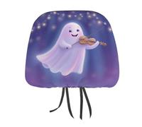 Cartoon Flying Ghost Playing The Violin Printed Car Headrest Cover,2 Pieces, Elastic Comfort Head Rest Cover for Women Men, Universal Fits Most Cars Van SUV Truck, Car Interior Decor Accessories