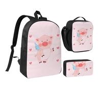 Cartoon Flying Pig 17 Inch Backpack Lunch Bag Pencil Case Set, Cute Print, Durable Oxford Cloth.