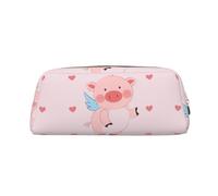 Cartoon Flying Pig Genuine Leather Zip Pen Pouch, Stationery Storage Bag Makeup Bag, Suitable for Students School Office.