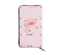 cartoon flying pig Long leather wallet, portable credit card holder, zippered coin purse, and ID compartment