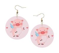 cartoon flying pig Print Leather Earrings Trendy Round Drop Earrings, Lightweight Dangle Jewellery for Women