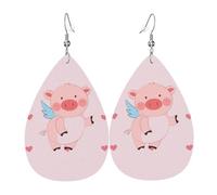 cartoon flying pig Printed teardrop-shaped leather earrings | High-end design, light luxury earrings