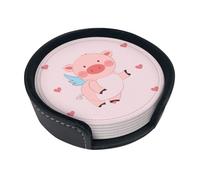 cartoon flying pig Round leather coasters (set of 6) Delicate and soft table decorations, suitable for coffee cups, mugs, etc.