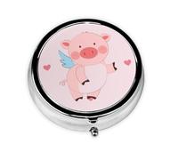 Cartoon Flying Pig This Small, Printed, Round Pill Box is a Portable Pill and Vitamin Organizer Perfect for Pockets, Purses, and Travel.