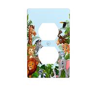 Cartoon Forest Animals 1 Gang Duplex Light Switch Cover, Cute Elephant Giraffe Lion Outlet Covers Wall Plate Decorative Electrical Receptacle Faceplate for Kitchen Bathroom Home Art Wall Panel Decor