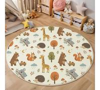 Cartoon Forest Animals Round Area Rug 90cm, Non-Slip Soft Cosy Koala Squirrel Printed Rugs, Washable Low Pile Non Shedding Beige Circle Carpet for Living Room Bedroom Bedside Playroom