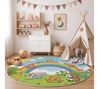 Cartoon Forest Animals Round Rugs 160cm, Green | Washable Soft Low Pile, Non-shedding, Rainbow Scene Elephant Panda Circle Area Rug with Non-slip Backing for Kids Bedroom, Playroom and Reading Corner