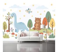 Cartoon Forest Dinosaur Bear Wallpaper 350 x 256 cm Multicolour | Mushrooms Stars Flora for living rooms bedrooms dormitory corridor walls Easy to install Durable Non-woven Wall Mural