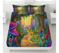 Cartoon Forest Fitted Sheet Double Size, Fairy Tale Path Mushroom Trees Bedding Set 30 cm Deep 3pcs with 2 Pillowcases for Kids Teens, Soft Microfiber Bed Cover 135 x 190 cm