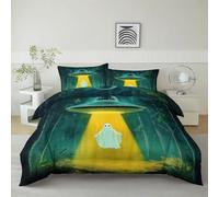Cartoon Forest Flying Objects Ghosts Green Super King Duvet Set 260 x 220 cm with 2x 50 x 75 cm Pillowcase - Soft Cozy Microfiber, Hypoallergenic Non-Iron Easy Care Home, Perfect for adults and Teens