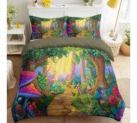 Cartoon Forest King Duvet Cover Set Soft Lightweight Fairy Tale Path Mushroom Trees Bedding Set with 2 Pillowcases Kids Adults Teens Quilt Cover with Zipper Closure, Green