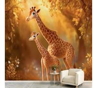 Cartoon Forest Wallpaper Mural 200 x 140 cm Non-Woven Panoramic Custom Wall Covering, Animal Giraffe Mother and Child Autumn Leaves Photo Mural for Living Room Kitchen Dining Room Bedroom Home Office