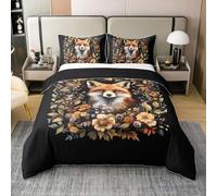 Cartoon Fox 100% Nature Cotton Duvet Cover Set Double Size,Jungle Wild Animals Farmhouse Bedding Set with 2 Pillowcases for Kids Teens Adults,Vintage Botanical Flower Leaves Comforter Cover,All Season