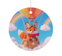 Cartoon Fox Ceramic Christmas Ornaments with Gold String - Personalized Double-Sided 2.9 Inch Xmas Tree Decorations, Rustic Winter Hanging Ornaments for Holiday Party Gift