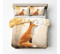 Cartoon Fox Double Bed Duvet Cover Set 3 Piece with 2 Pillowcases, Autumn Forest Animal Patterned Bedroom Decor Bedding, Soft Microfibre Quilt Cover with Zip A&M-23