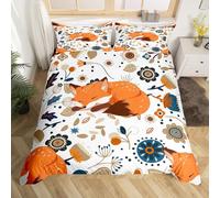 Cartoon Fox Duvet Cover Double Size,Rustic Autumn Leaves Flowers Comforter Cover for Adults Kids Bedroom Decor,Cute Fox Wildlife Decorative Bedding Set 2 Pillowcases,No Comforter