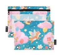 Cartoon Fox Elf with Pink Clouds Binder Pocket with Clear Window Ringing Pencil case with Zipper Reinforced Grommets Pocket folders for 3 for Office Supplies Multicolored 2 PCS