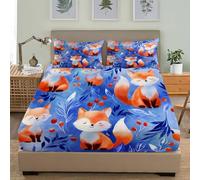 Cartoon Fox Pattern Fitted Sheet Single Bed 36x75 inch For Kids Boys Girls Teens Room Decor 30cm Deep Pockets Fitted Sheet Set Blue Breathable Hypoallergenic Bedding Set