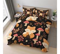 Cartoon Foxs Duvet Cover Set Emperor Size, Mushroom Plant Cute Animal Bedding Set 290x235 cm, Quilt Cover with 2 Pillowcases, Soft Microfiber 3pcs, Zip 21D&-27