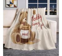 Cartoon Fresh Lightweight Breathable Throw Blanket, Light Brown Plush Flannel Printed Blankets, Animals Teddy Bear Honey Jar Soft Decorative Throw Blanket for Bedroom Living Room Office, 150 x 200 cm