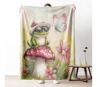 Cartoon Frog Couch Blanket 40x50 Inch, Butterfly Floral Mushroom Throw Blanket for Bed Cozy Blankets, Illustration Cute Fleece Blankets Warm Soft Lightweight for Fall Summer Spring Winter
