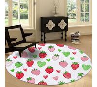 Cartoon Fruit Hand-Drawn Strawberry Washable Round Carpet 100 cm, Pink Bedroom Circular Non-slip Rug - Print Decor Short Pile Carpet Non-Shedding for Living Room Kitchen Office Playroom