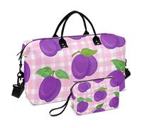 Cartoon Fruits Purple Pink Duffel Bag for Travel & Cosmetic Pouch Set, Funny Women Carry on Overnight Bags Garment Duffle Bag