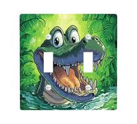 Cartoon Fun Crocodile Switch Cover Wall Plate 2 Gang Double Toggle, Anime Weird Alligator Electrical Faceplate for Bedroom Bathroom Decor, Kid Child Standard Size Switchplate