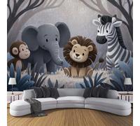 Cartoon Fun Panoramic Wallpaper, Non-Woven Art Print Forest Animals Wall Mural Decor, Grey Photo Wallpaper for Living Room Bedroom Home Decoration Wall Poster 400 x 280 cm