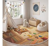Cartoon Funny Animals Round Rugs 160cm, Brown | Washable Soft Low Pile, Non-shedding, Orange Cat Building Blocks Yellow Duck Circle Area Rug with Non-slip Backing for Kids Bedroom Reading Corner