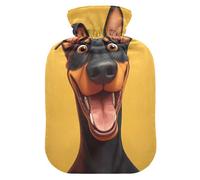 Cartoon Funny Doberman Pinscher Dogs Happy hot Water Bottle with Soft Cover, 1L Warm Water Bottle for Bed for Menstrual Cramps, Neck Shoulder Warmer, Bolsa de calor para Dolor Menstrual